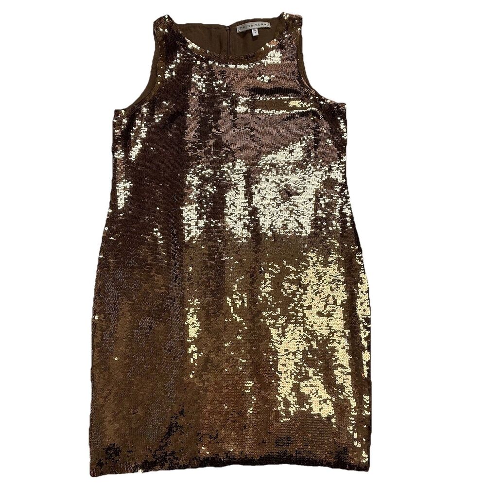 Trina Turk Gold Sequin Silk Lined Sleeveless Shift Dress Sz 6